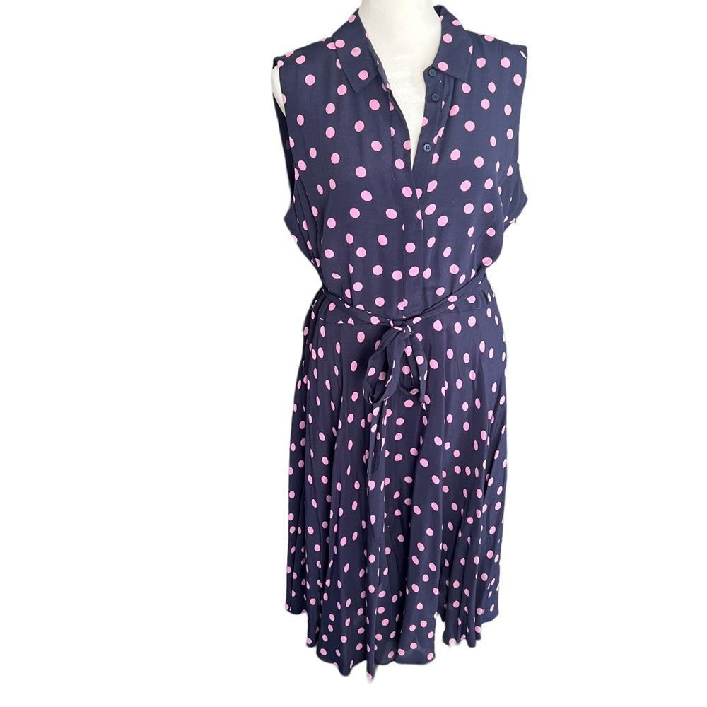 Hobbs London Polka Dot Midi Dress - Navy with Pink Dots US 10 - Picture 2 of 9